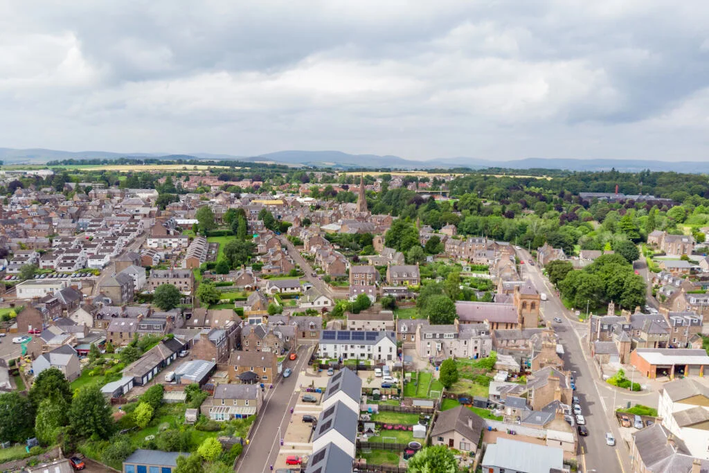 Aerial view across Brechin town and the surrounding Angus countryside